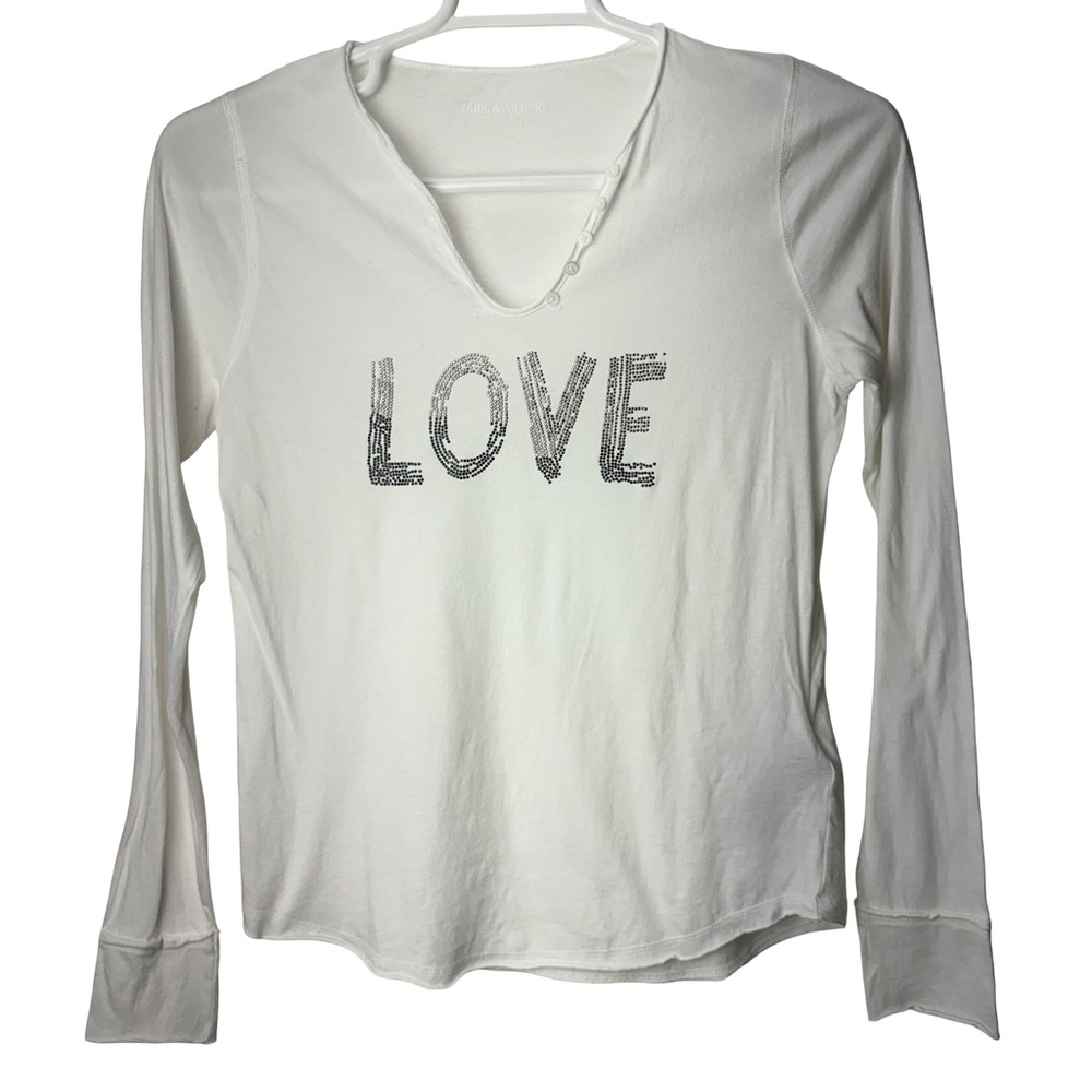 Zadig & Voltaire Willy Chine Love Strass Embellished Long Sleeve Shirt Sz Small